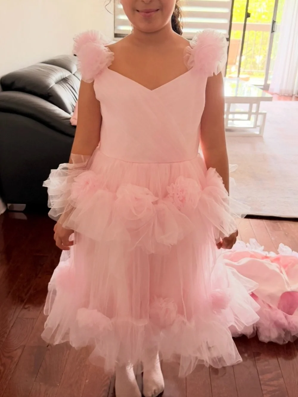 Girls Pink Rose-Applique Tulle Party Dress